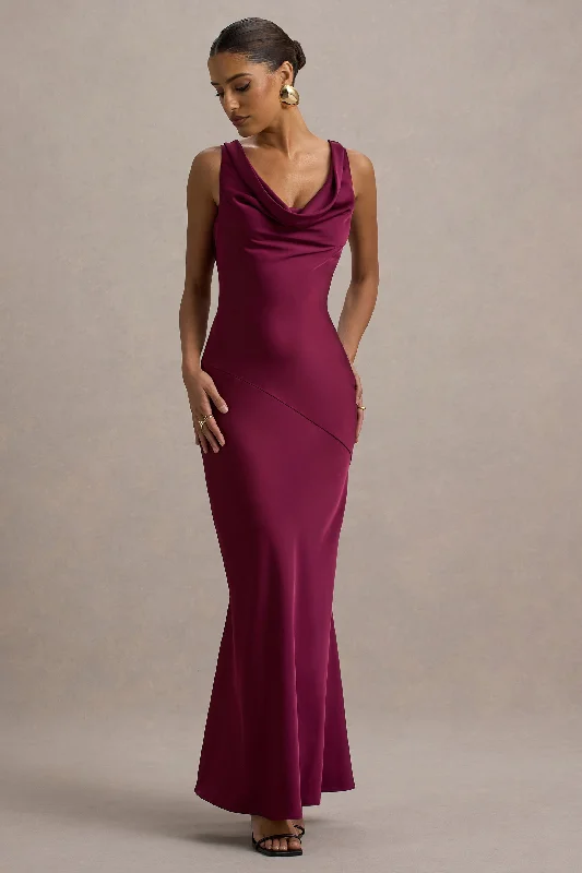 Wedding dresses with a sweetheart - neck and a corseted back​ Wedding guest dresses with gathered skirts and V - necklines Alesso | Burgundy Satin Cowl-Neck Maxi Dress