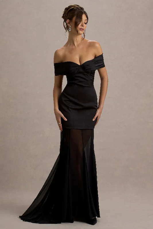 Wedding dresses with a belt made of crystals​ Sleeveless wedding guest dresses with pleated bodices Anders | Black Satin Bardot Maxi Dress With Sheer Skirt