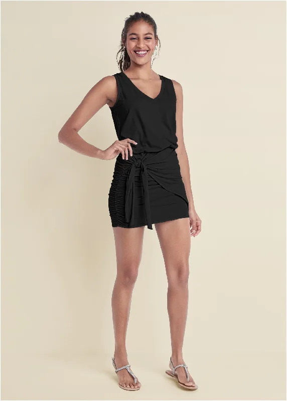 Mini dresses with puff sleeves for a vintage look V-Neck Side Wrap Mini Dress - Black