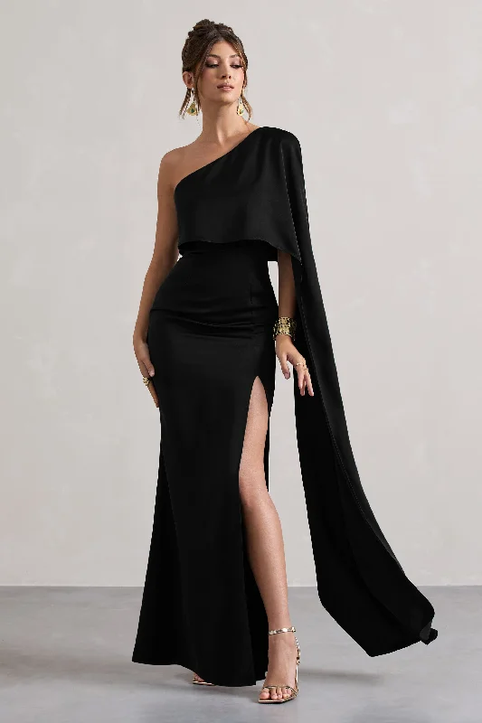 Backless wedding dresses with lace - up details​ Wedding guest dresses with tiered skirts for a feminine look Amora | Black Satin Asymmetric Cape-Sleeve Split Maxi Dress