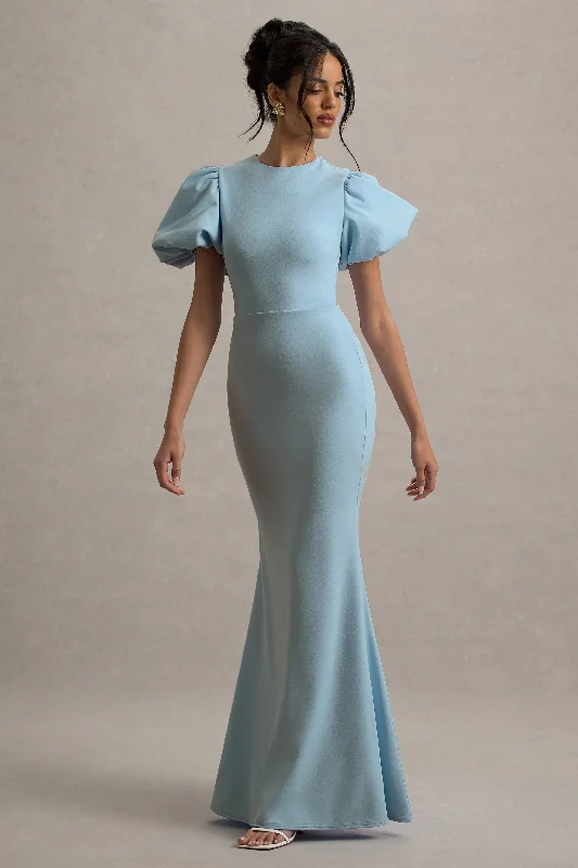 Embroidered wedding dresses with metallic threads​ Halter - neck wedding guest dresses with beaded straps Love Letters | Powder Blue Puff-Sleeve Maxi Dress