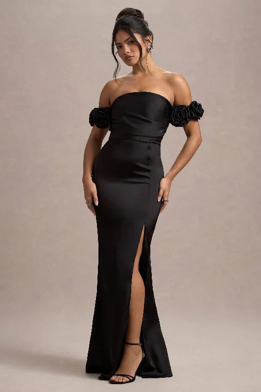 Square - neck wedding dresses with a demure look​ Plaid wedding guest dresses in muted colors for a fall wedding Senseless | Black Satin Floral Bardot Maxi Dress