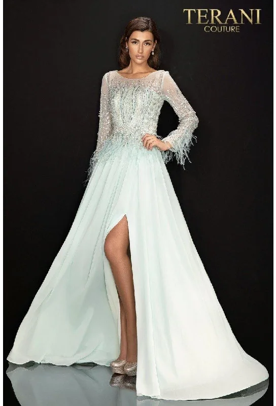 Maternity dress for a baby's first bus ride Terani Couture 2011M2163 Long Sleeve Formal Gown