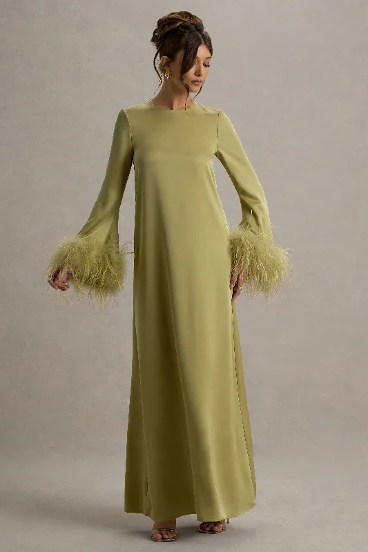 Modern minimalist wedding dresses with clean lines​ Printed wedding guest dresses with tropical motifs for beach weddings Adella | Light Green Satin Feather-Trim Maxi Dress