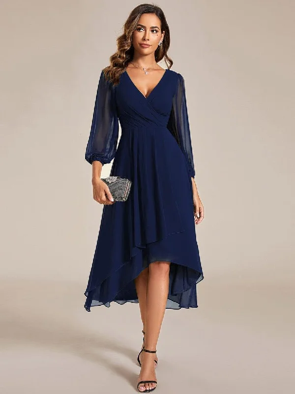 Square - neck wedding dresses with a demure look​ Plaid wedding guest dresses in muted colors for a fall wedding ever BRIAR|Long Sleeves Asymmetrical Hem A-Line Midi Wedding Guest Dress
