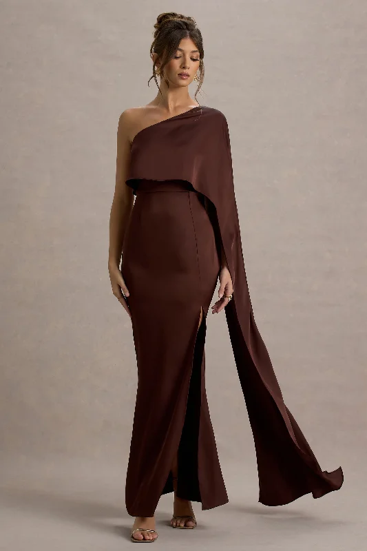 Wedding dresses with a bateau neckline for a classic shape​ Wedding guest dresses with tassel - adorned belts and A - line skirts Amora | Brown Satin Asymmetric Cape-Sleeve Split Maxi Dress