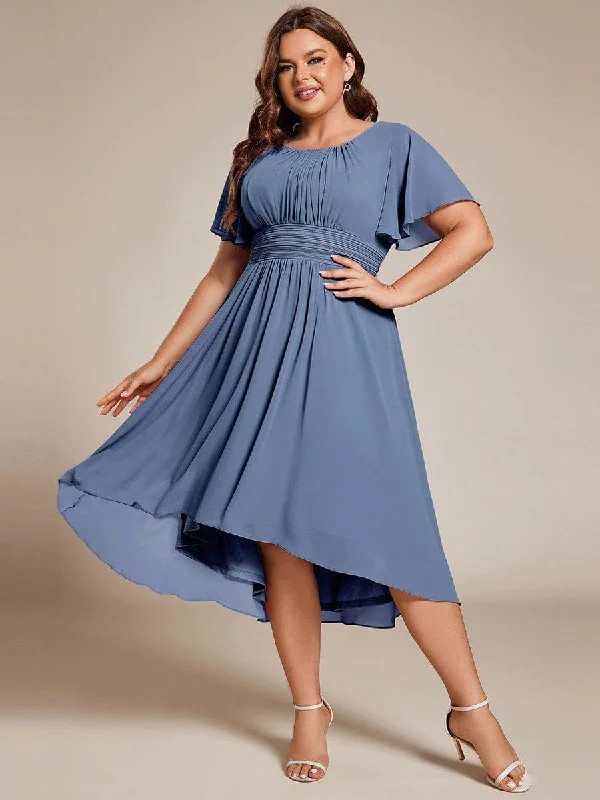 Ballroom - ready wedding dresses with a large skirt​ Lace - and - tulle wedding guest dresses with sweetheart necklines pretty EDEN|Plus Size Pleated Round Neckline A-Line Midi Chiffon Wedding Guest Dress