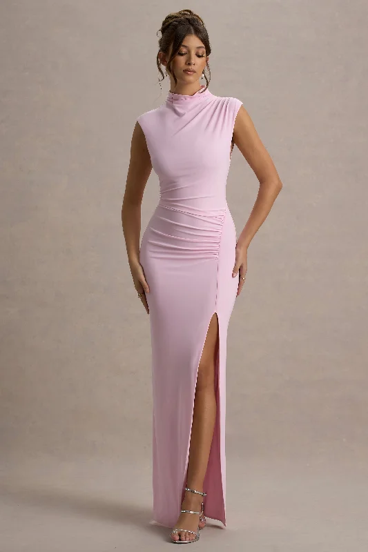 Wedding dresses with a mermaid - style skirt and a ball gown overlay​ Wedding guest dresses with puff sleeves and knee - length hems Lanetta | Pink Ruched High-Neck Maxi Dress With Split