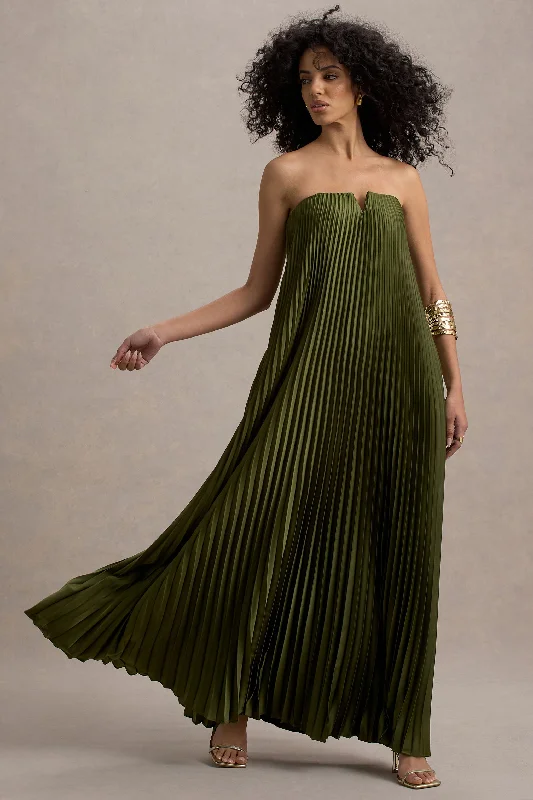 Modern minimalist wedding dresses with clean lines​ Printed wedding guest dresses with tropical motifs for beach weddings Bergamot | Olive Satin Sweetheart Maxi Dress