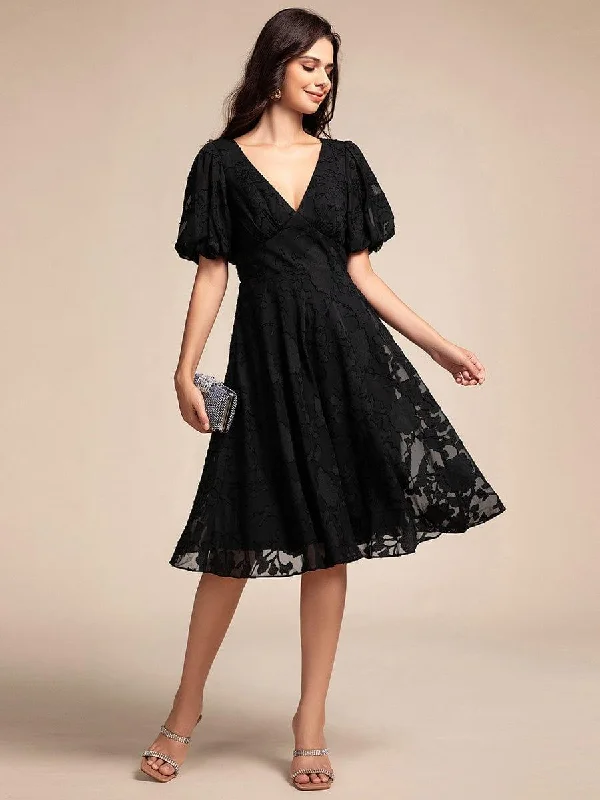 Tulle - over - satin wedding dresses for a soft look​ Wedding guest dresses with mesh panels and empire waists ever DANI|Puff Sleeve V-Neck Midi Wedding Guest Dress