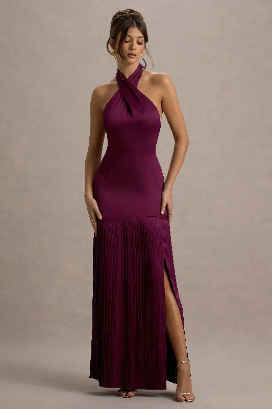 Trumpet - style wedding dresses with a train​ Long - sleeved wedding guest dresses in velvet for a winter wedding Sansa | Burgundy Satin Cross Halter-Neck Plisse Maxi Dress