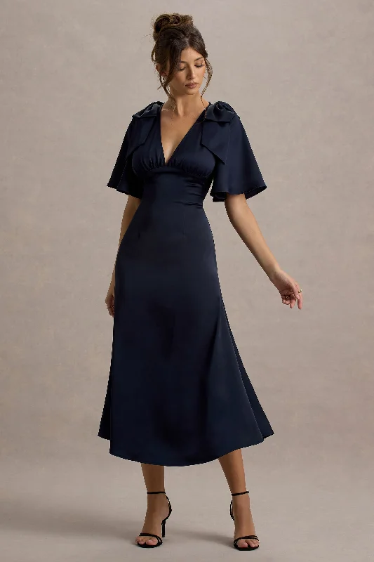 Wedding dresses with a sweetheart - neck and a corseted back​ Wedding guest dresses with gathered skirts and V - necklines Danna | Navy Satin V-Neck Short-Sleeve Midi Dress