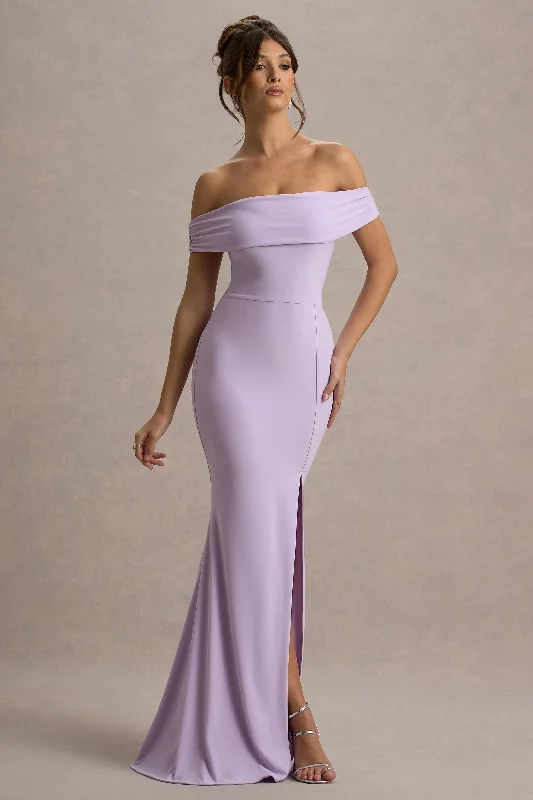 Tulle - over - satin wedding dresses for a soft look​ Wedding guest dresses with mesh panels and empire waists Law of Attraction | Lilac Bardot Draped Split Maxi Dress