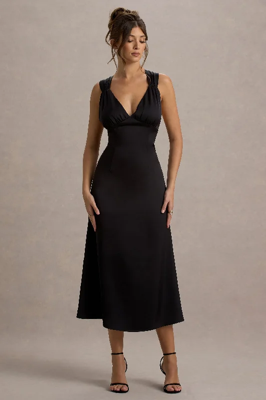 Empire - line wedding dresses with a ruffled skirt​ Wedding guest dresses with pom - pom trims for a playful look Beck | Black Satin Plunge-Neck Cross-Back Midi Dress