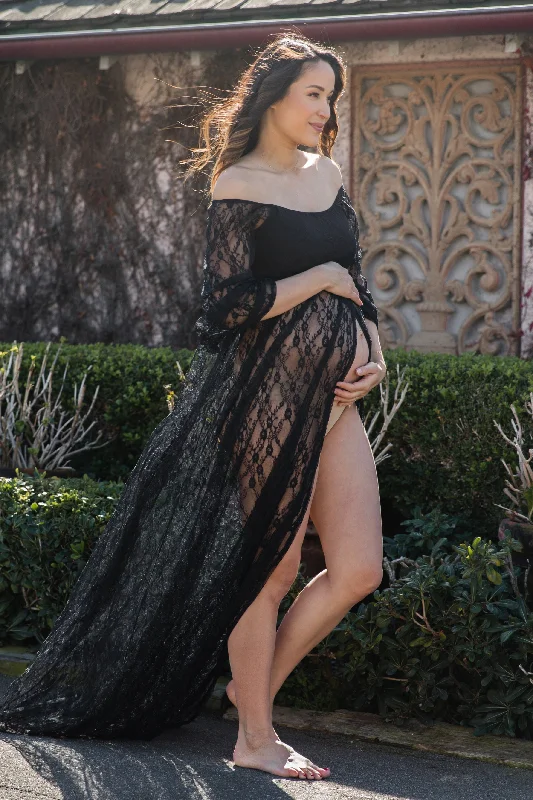 Maternity dress with pockets for convenience Black Lace Off Shoulder Maternity Photoshoot Gown/Dress