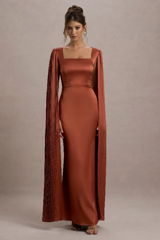 Cathedral train wedding dresses for a grand entrance​ Cotton wedding guest dresses with smocked details for a casual wedding Saloma | Rust Satin Square-Neck Maxi Dress With Cape Sleeves