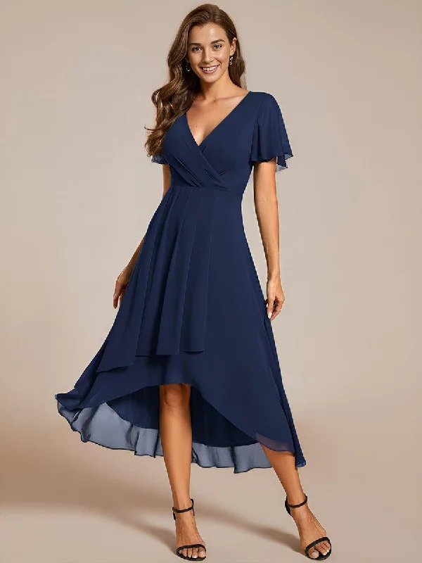 Wedding dresses with a lace - trimmed veil attachment​ Asymmetric - hem wedding guest dresses in metallic hues ever LARK|Ruffles Sleeve Pleated V-Neck A-Line Midi Chiffon Wedding Guest Dress