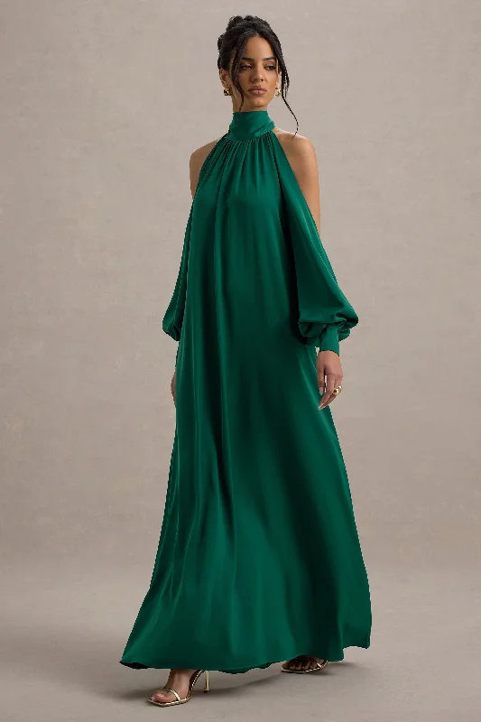 V - neck organza wedding dresses for a romantic touch​ One - shoulder wedding guest dresses with beaded details Baila | Bottle Green Satin High-Neck Cape-Sleeve Maxi Dress