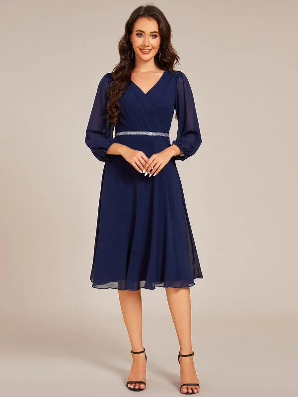 Short - length wedding dresses with a flirty skirt​ Sleeveless wedding guest dresses with ruffled hems ever NYLAH|Pleated A-Line Long Sleeve Midi Chiffon Wedding Guest Dress