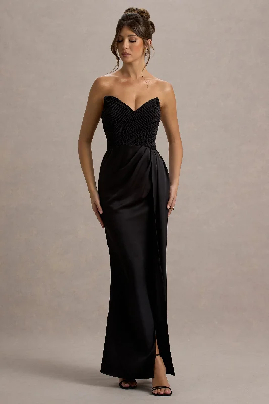 A - line wedding dresses with a beaded neckline​ Wedding guest dresses with belted waists and knee - length skirts Edel | Black Satin Strapless Maxi Dress With Drape