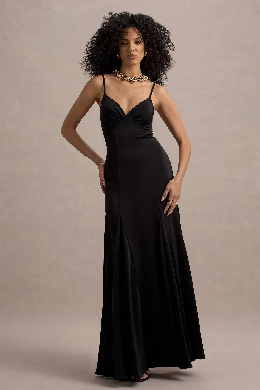 Wedding dresses with a bateau neckline for a classic shape​ Wedding guest dresses with tassel - adorned belts and A - line skirts Ashly | Black Satin Maxi Dress With Volume Hem