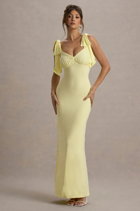 Ballroom - ready wedding dresses with a large skirt​ Lace - and - tulle wedding guest dresses with sweetheart necklines Evanna | Lemon V-Neck Maxi Dress With Bow Straps