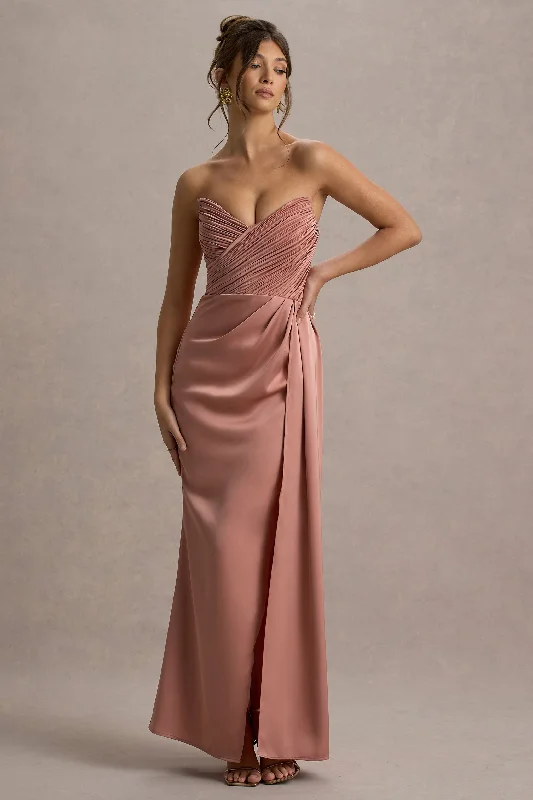 Ballroom - ready wedding dresses with a large skirt​ Lace - and - tulle wedding guest dresses with sweetheart necklines Edel | Pink Satin Strapless Maxi Dress With Drape