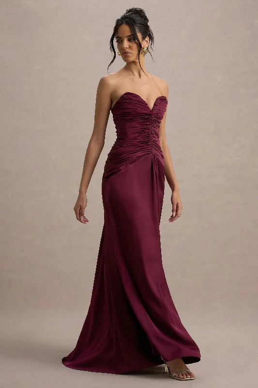 Wedding dresses with a detachable skirt for versatility​ Mini wedding guest dresses with glittery accents for a trendy look Desirie | Burgundy Satin Sweetheart Gathered Maxi Dress