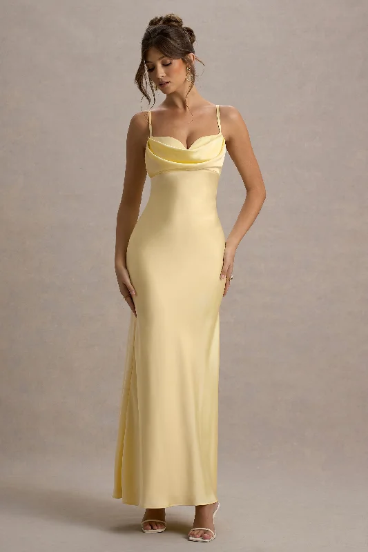 Wedding dresses with a sweetheart - neck and a corseted back​ Wedding guest dresses with gathered skirts and V - necklines Eimear | Lemon Satin Draped Sweetheart Maxi Dress
