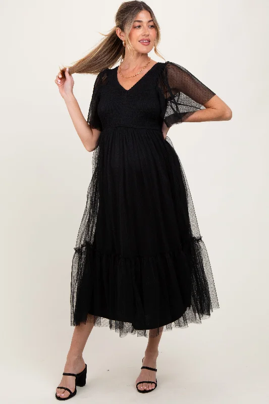 Maternity dress for a baby's first haircut Black Dotted Tulle Smocked Maternity Midi Dress