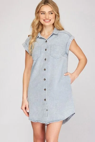 Mini dresses with tiered skirts for added volume Denim Button-Down Twill Shirt Dress