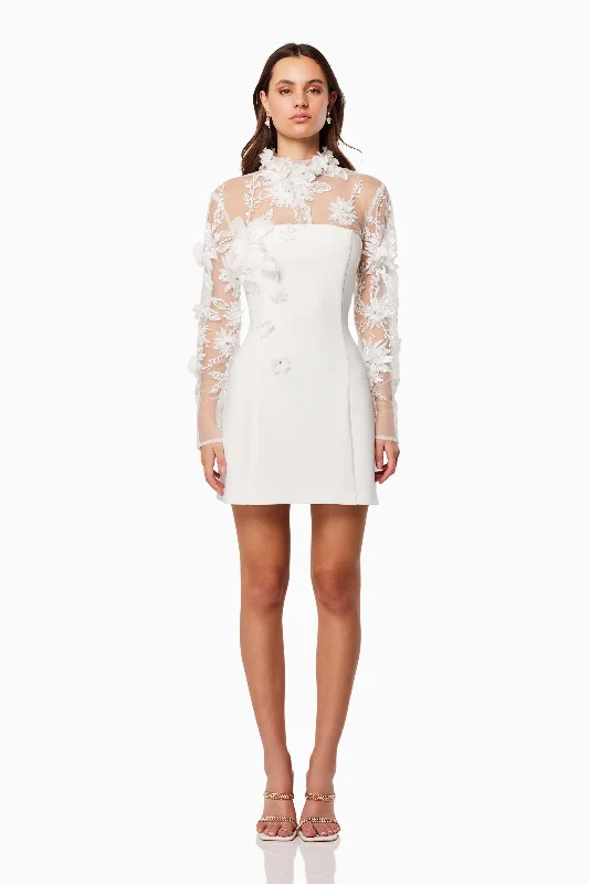 Floral print mini dresses for summer parties Damaris 3D Beade Mesh Mini Dress In White