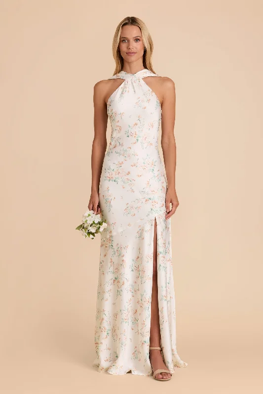 Maternity dress for a baby's first visit to the vertical garden Eileen Matte Satin Dress - Apricot Whimsical Blooms