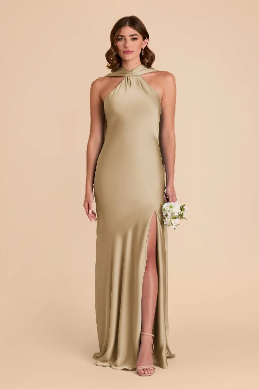 Maternity dress for a baby's first visit to the sensory garden Eileen Matte Satin Dress - Moss Green