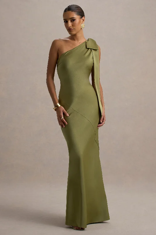 Vintage - themed wedding dresses with pearl accents​ Tea - length wedding guest dresses with polka dot patterns Here For Love | Khaki Satin Asymmetric Maxi Dress With Bow