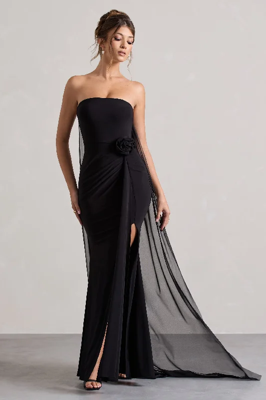 Princess - style wedding dresses with a full skirt​ Wedding guest dresses with cold - shoulder designs and solid colors More To Come | Black Strapless Wrap Cape Maxi Dress With Corsage