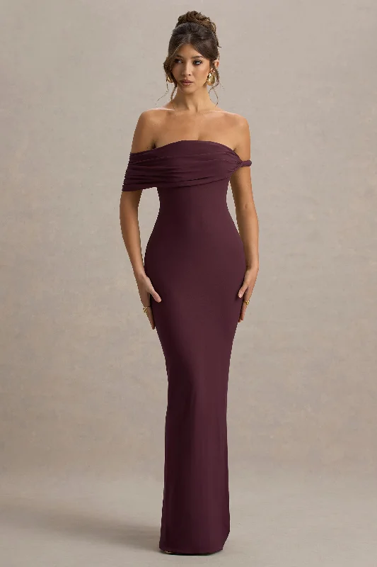 Sleeveless wedding dresses with a beaded belt​ Wedding guest dresses with ruched bodices and spaghetti straps Melika | Burgundy Twisted Bardot Maxi Dress