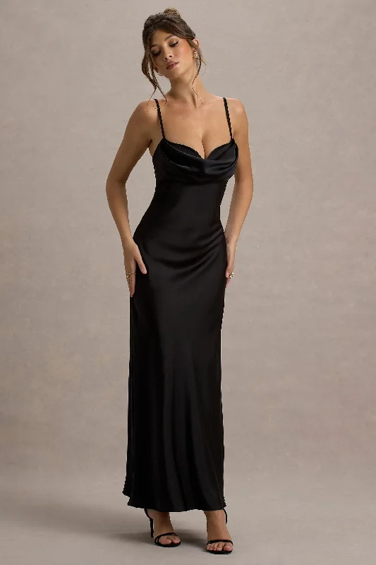 Two - piece wedding dresses with a crop top​ Metallic wedding guest dresses for a glamorous wedding Eimear | Black Satin Draped Sweetheart Maxi Dress