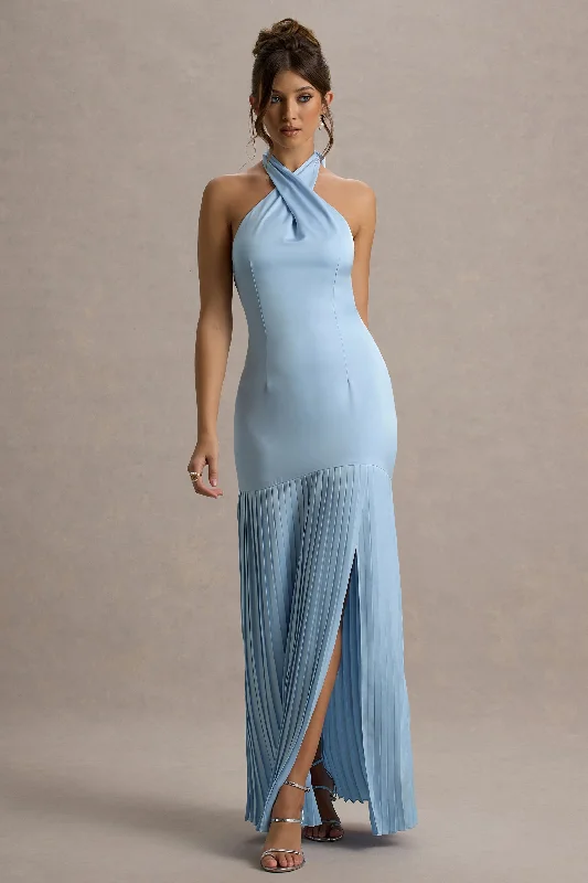 Square - neck wedding dresses with a demure look​ Plaid wedding guest dresses in muted colors for a fall wedding Sansa | Powder Blue Satin Cross Halter-Neck Plisse Maxi Dress