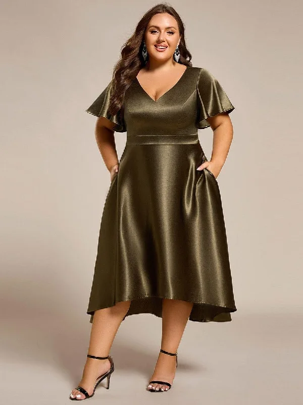 One - shoulder wedding dresses with a flowing sleeve​ Polka - dot - printed wedding guest dresses with short sleeves pretty SCARLEN|Plus Size Satin Midi Wedding Guest Dress with Pockets