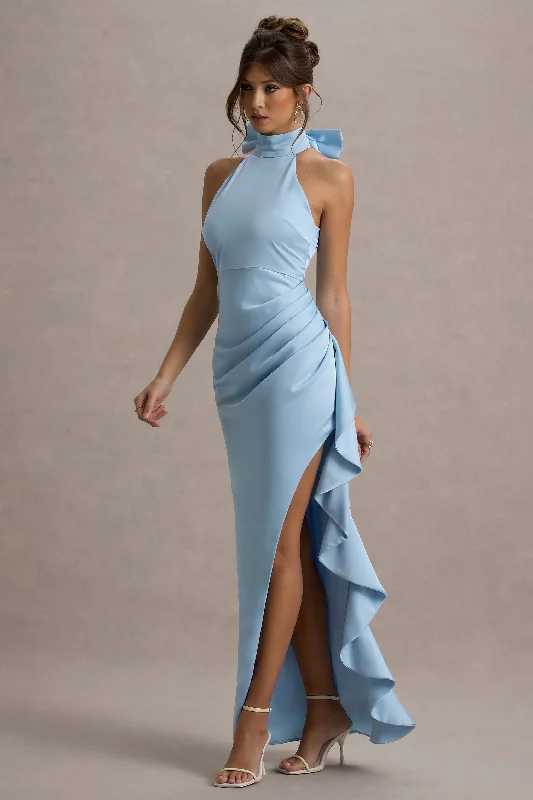 Wedding dresses with a belt made of crystals​ Sleeveless wedding guest dresses with pleated bodices Maureen | Powder Blue Satin High-Neck Draped Maxi Dress