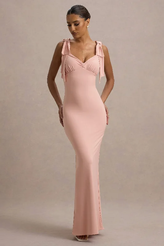 A - line chiffon wedding dresses for a classic look​ Sheath - style wedding guest dresses with lace overlays Evanna | Pink V-Neck Maxi Dress With Bow Straps