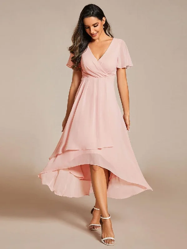 Modern minimalist wedding dresses with clean lines​ Printed wedding guest dresses with tropical motifs for beach weddings ever LARK|Pleated Chiffon Ruffles Sleeve Midi Bridesmaid Dress
