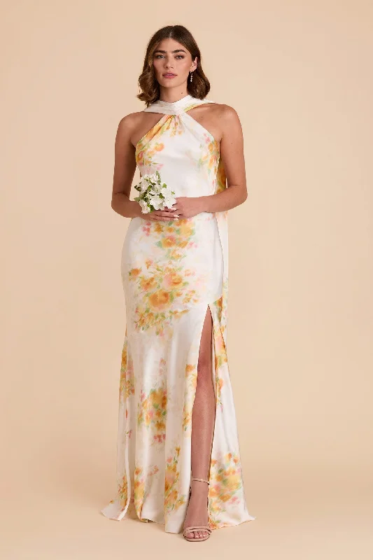 Maternity dress for a spring flower show Eileen Matte Satin Dress - White Blurred Floral