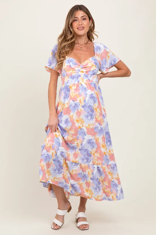 Maternity dress for a baby's first birthday party Coral/Purple Floral Flare Sleeve Tiered Maternity Maxi Dress