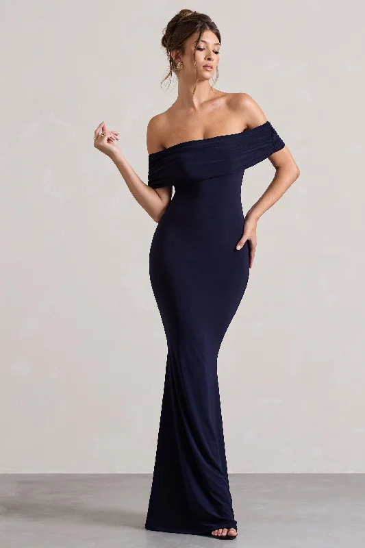 Sleeveless wedding dresses with a beaded belt​ Wedding guest dresses with ruched bodices and spaghetti straps Cloe | Navy Bardot Maxi Dress