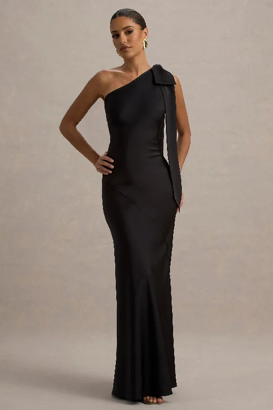 Two - piece wedding dresses with a crop top​ Metallic wedding guest dresses for a glamorous wedding Here For Love | Black Satin Asymmetric Maxi Dress With Bow