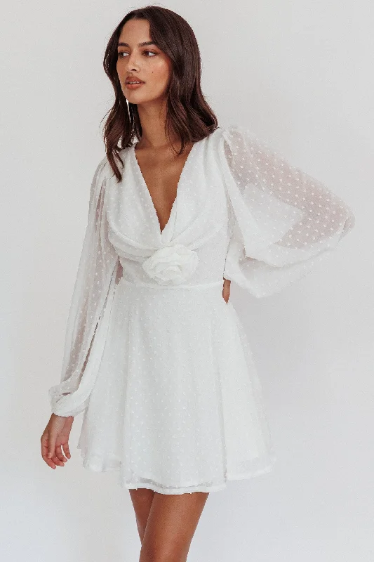 Cotton mini dresses for a comfortable everyday option Open Heart Long Sleeve Rosette Mini Dress White