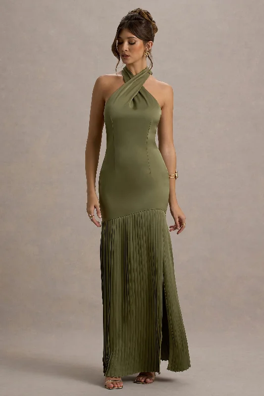 Cathedral train wedding dresses for a grand entrance​ Cotton wedding guest dresses with smocked details for a casual wedding Sansa | Khaki Satin Cross Halter-Neck Plisse Maxi Dress
