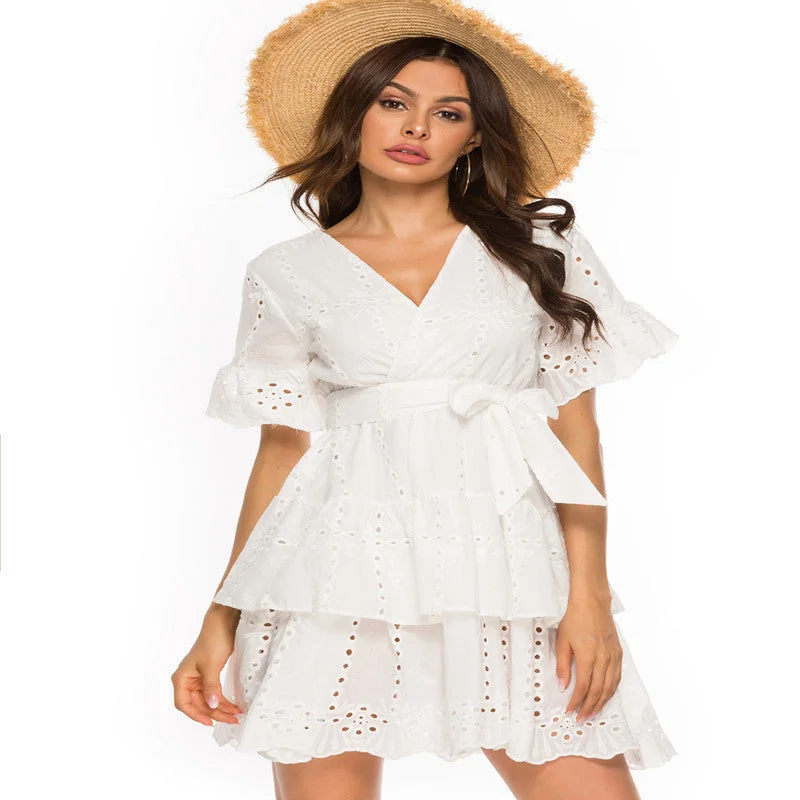 Mini dresses with abstract prints for an artistic look Calliope Cotton Eyelet Wrap Dress - Off White